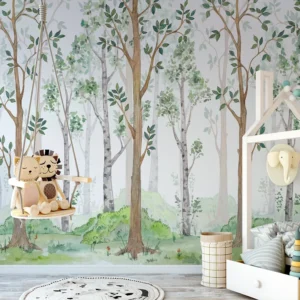 Papel de parede com árvores realistas e folhagem verde, perfeito para criar um ambiente mágico e acolhedor em quartos e salas.