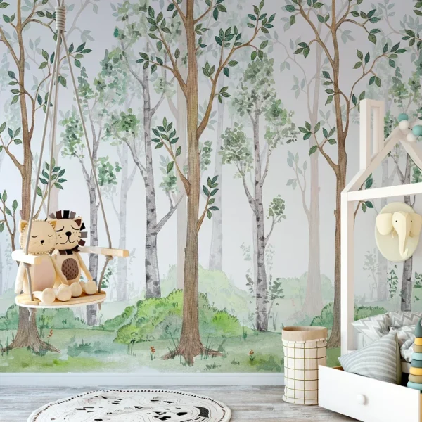 Papel de parede com árvores realistas e folhagem verde, perfeito para criar um ambiente mágico e acolhedor em quartos e salas.