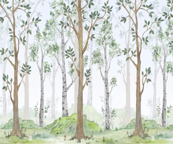 Mural de parede com árvores pintadas e tons verdes em um design suave e natural, perfeito para transformar o ambiente.