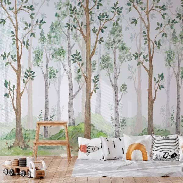 Papel de Parede Natureza Suave com Paisagem de Floresta e Tons Pastel Papel de parede com paisagem de floresta e árvores pintadas em tons pastel, criando um ambiente calmo e acolhedor