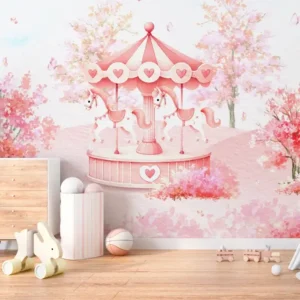 Papel de Parede Infantil Carrossel Romântico com Flores Rosa - Imagem 3