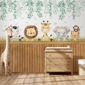 Papel de Parede Safari Infantil com Animais e Folhagem Delicada - Imagem 3